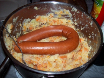 Amsterdam traditional winter dinner of hutspot and sausage
