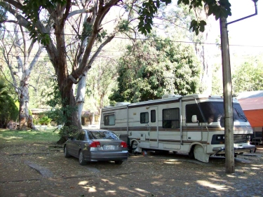 Dave Clingman and Andrew Wharton's RV motorhome and car in San Jose del Tajo RV park, Tlajomulco, Jalisco, Mexico, near Guadalajara