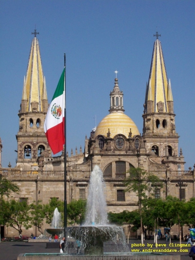 Guadalajara cathedral and Mexican flag