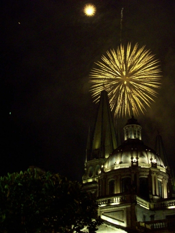 fireworks celebrate 16 de Septiembre over the Catedral in downtown Guadalajara, Jalisco, Mexico