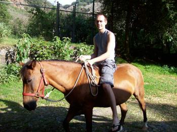 Andrew Wharton rides his adopted horse, Jorge, at the San Jose del Tajo RV motorhome park in Tlajomulco, Jalisco, Mexico, near Guadalajara