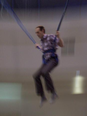 Andrew J. Wharton plays on bungee at Bugambilias Mall in Zapopan, Jalisco, Mexico, near Guadalajara