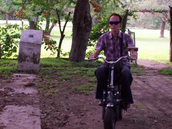 Andrew Wharton rides scooter to work from San Jose del Tajo RV motorhome park in Tlajomulco to Bugambilias Mall where he teaches English at Mundo Bilingue