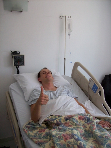 Andrew J. Wharton gives thumbs up after surgery in Guadalajara, Jalisco, Mexico
